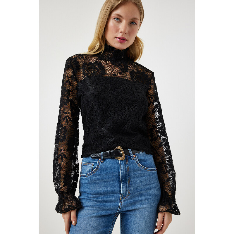 Happiness İstanbul Black High Neck Lace Elegant Blouse