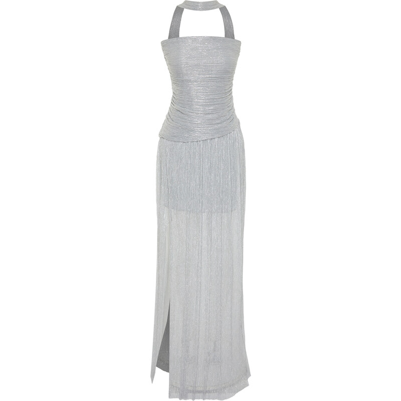 Trendyol Silver Knitted Elegant Long Evening Dress