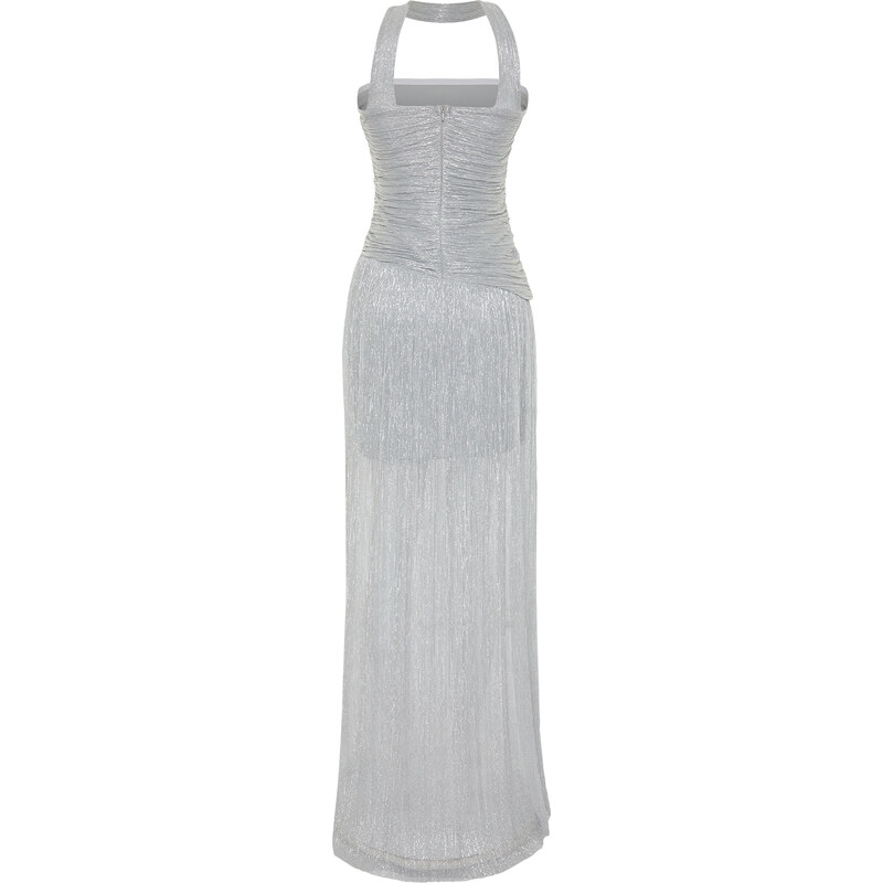 Trendyol Silver Knitted Elegant Long Evening Dress