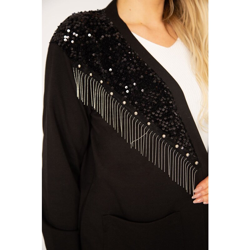 Şans Women's Plus Size Black Sequins And Chain Accessories Unlined Jacket