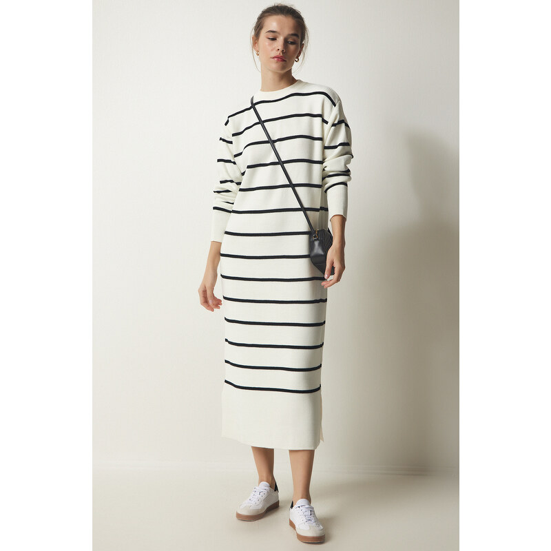 Happiness İstanbul Women's Ecru Striped Wrap Knitwear Dress