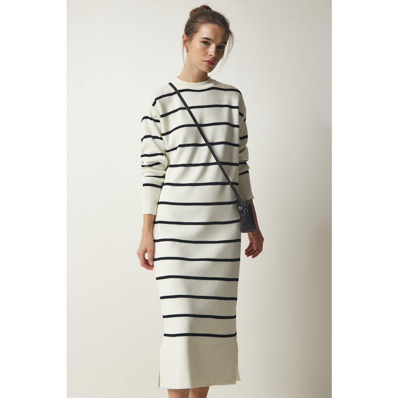 Happiness İstanbul Women's Ecru Striped Wrap Knitwear Dress