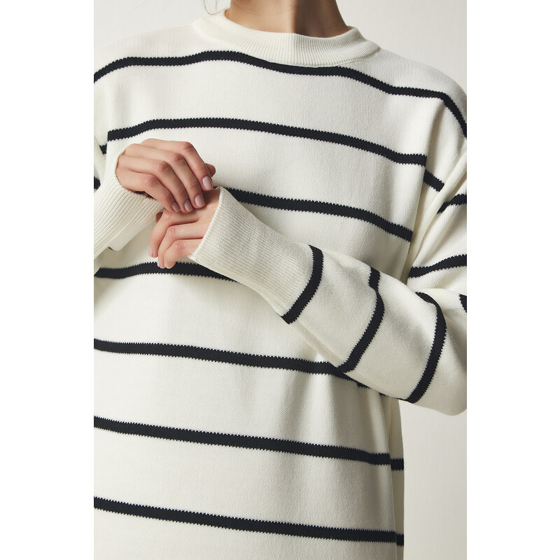 Happiness İstanbul Women's Ecru Striped Wrap Knitwear Dress