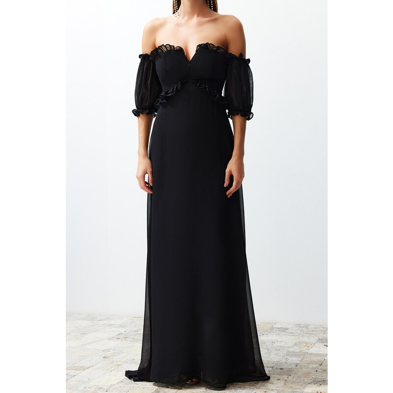 Trendyol Black Lined Chiffon Long Evening Dress