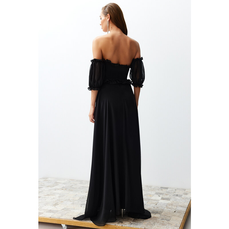 Trendyol Black Lined Chiffon Long Evening Dress