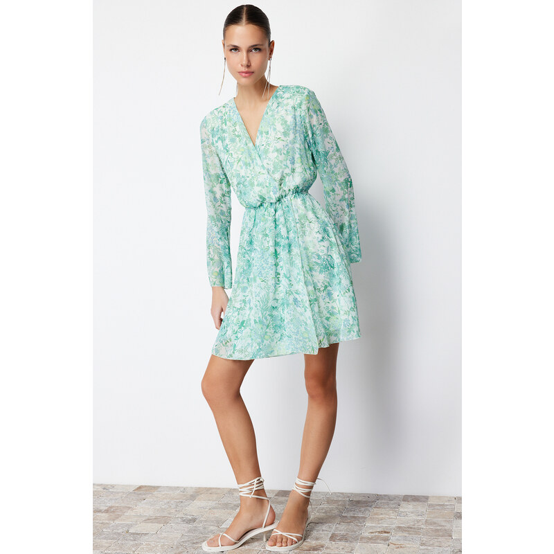 Trendyol Green Floral Waist Opening Chiffon Lined Mini Woven Dress