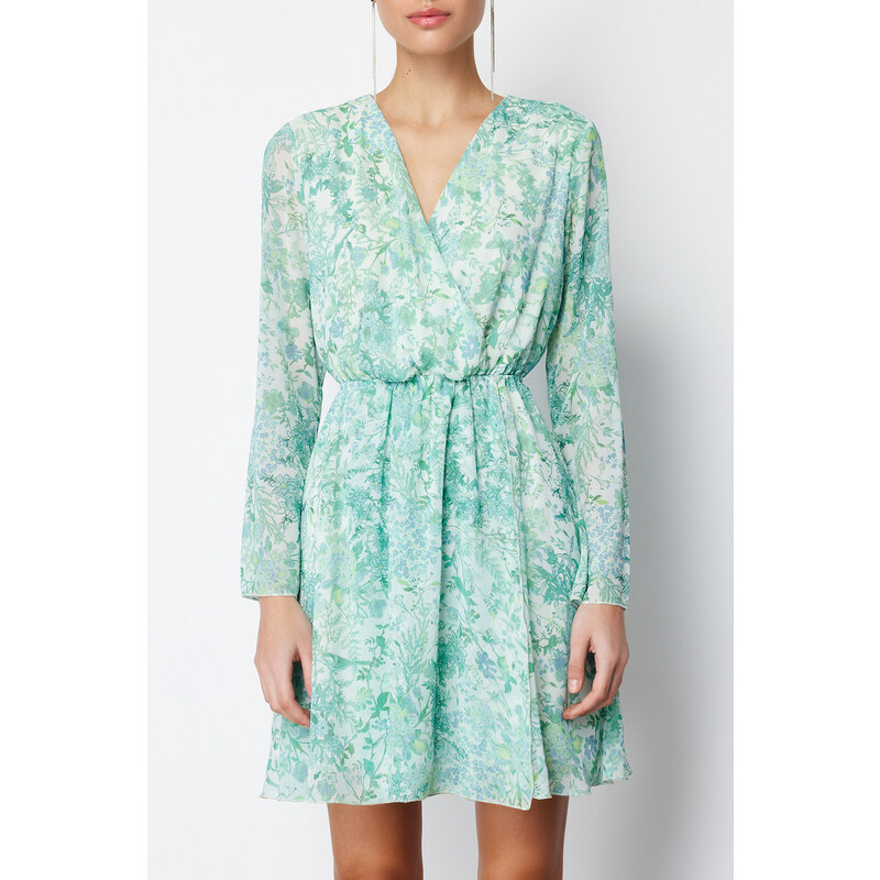 Trendyol Green Floral Waist Opening Chiffon Lined Mini Woven Dress