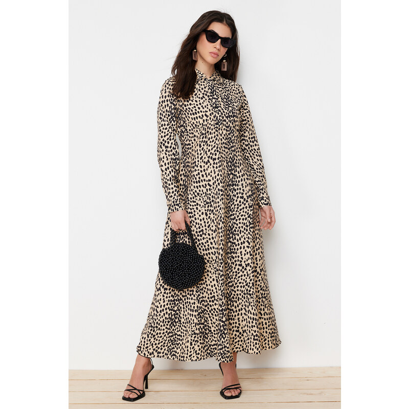 Trendyol Beige Animal Patterned Viscose Woven Dress