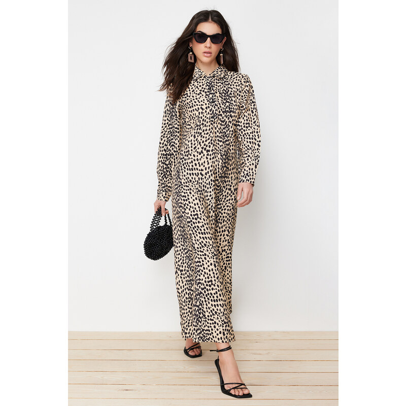 Trendyol Beige Animal Patterned Viscose Woven Dress