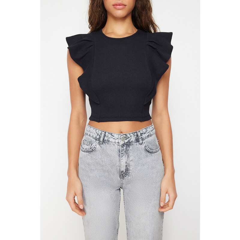 Trendyol Black Ribbed Flexible Crop Knitted Blouse With Frilly Sleeves