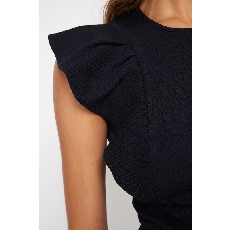 Trendyol Black Ribbed Flexible Crop Knitted Blouse With Frilly Sleeves