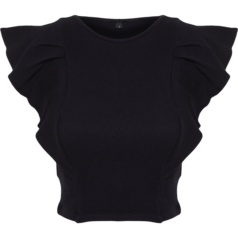 Trendyol Black Ribbed Flexible Crop Knitted Blouse With Frilly Sleeves