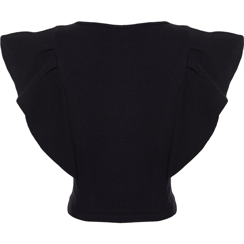 Trendyol Black Ribbed Flexible Crop Knitted Blouse With Frilly Sleeves