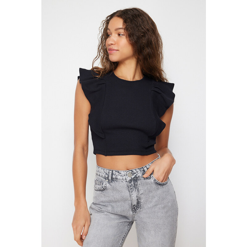 Trendyol Black Ribbed Flexible Crop Knitted Blouse With Frilly Sleeves