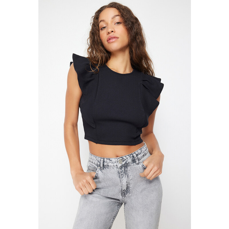 Trendyol Black Ribbed Flexible Crop Knitted Blouse With Frilly Sleeves