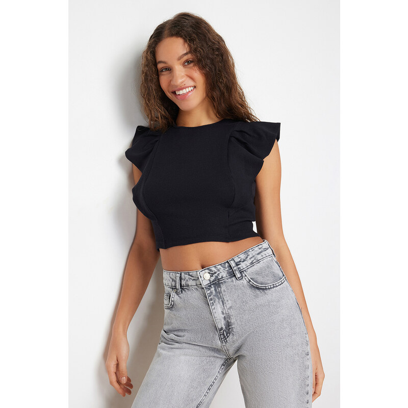 Trendyol Black Ribbed Flexible Crop Knitted Blouse With Frilly Sleeves