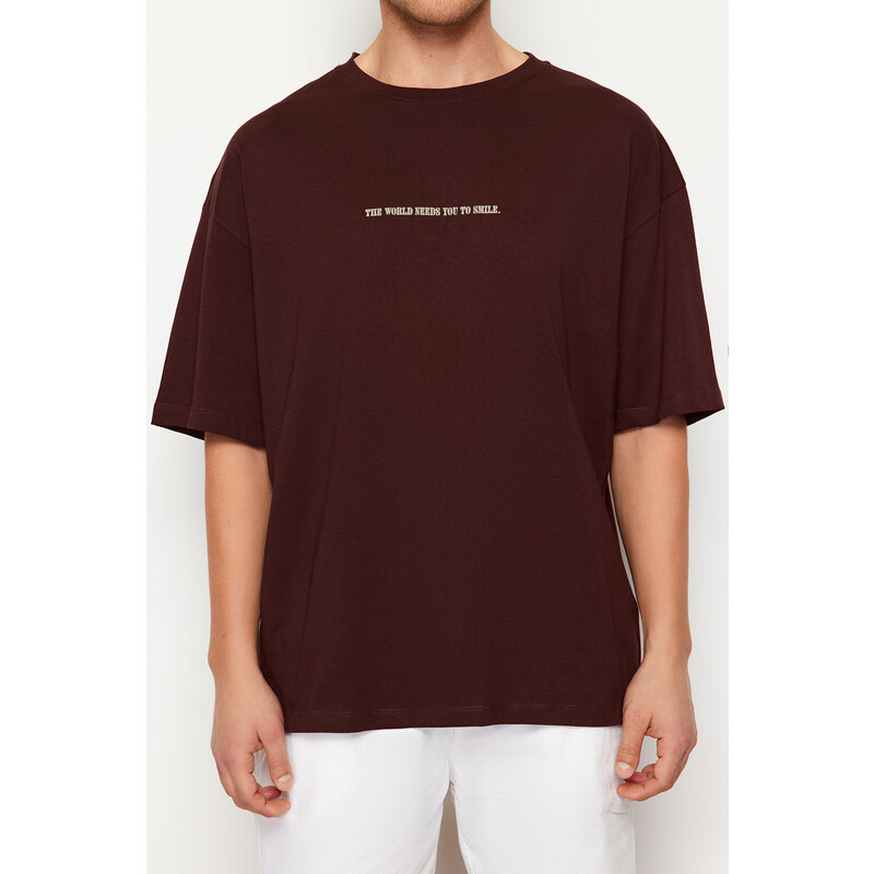 Trendyol Dark Brown Oversize Fluffy Text Printed 100% Cotton T-Shirt