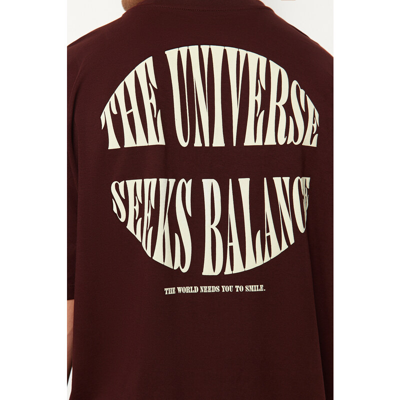 Trendyol Dark Brown Oversize Fluffy Text Printed 100% Cotton T-Shirt