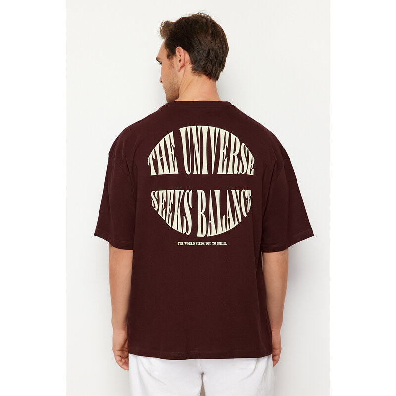 Trendyol Dark Brown Oversize Fluffy Text Printed 100% Cotton T-Shirt