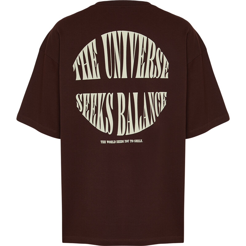 Trendyol Dark Brown Oversize Fluffy Text Printed 100% Cotton T-Shirt