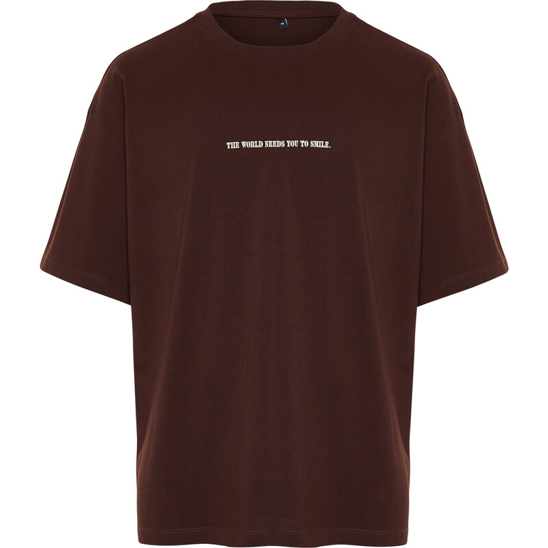 Trendyol Dark Brown Oversize Fluffy Text Printed 100% Cotton T-Shirt