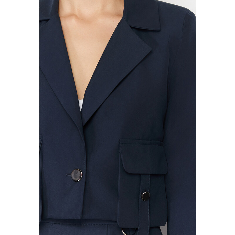 Trendyol Navy Blue Pocket Detailed Crop Woven Blazer Jacket