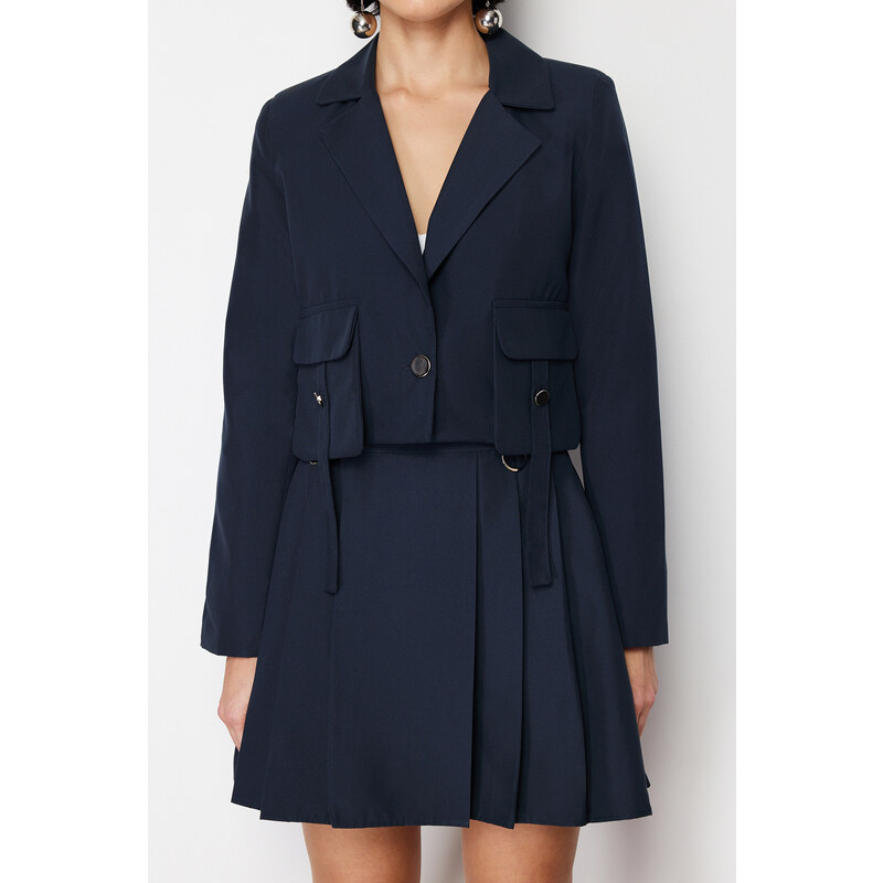 Trendyol Navy Blue Pocket Detailed Crop Woven Blazer Jacket