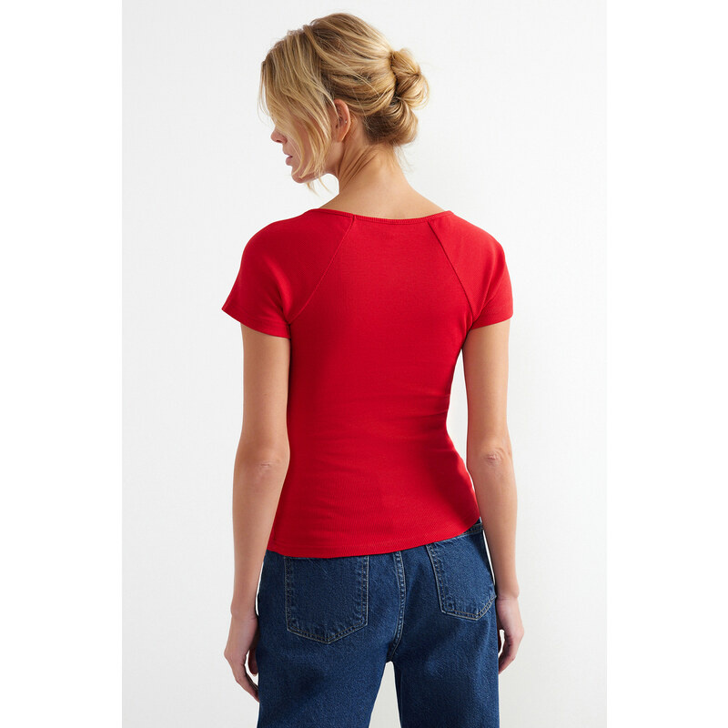 Trendyol Red Fitted Cotton Stretch Knitted Blouse