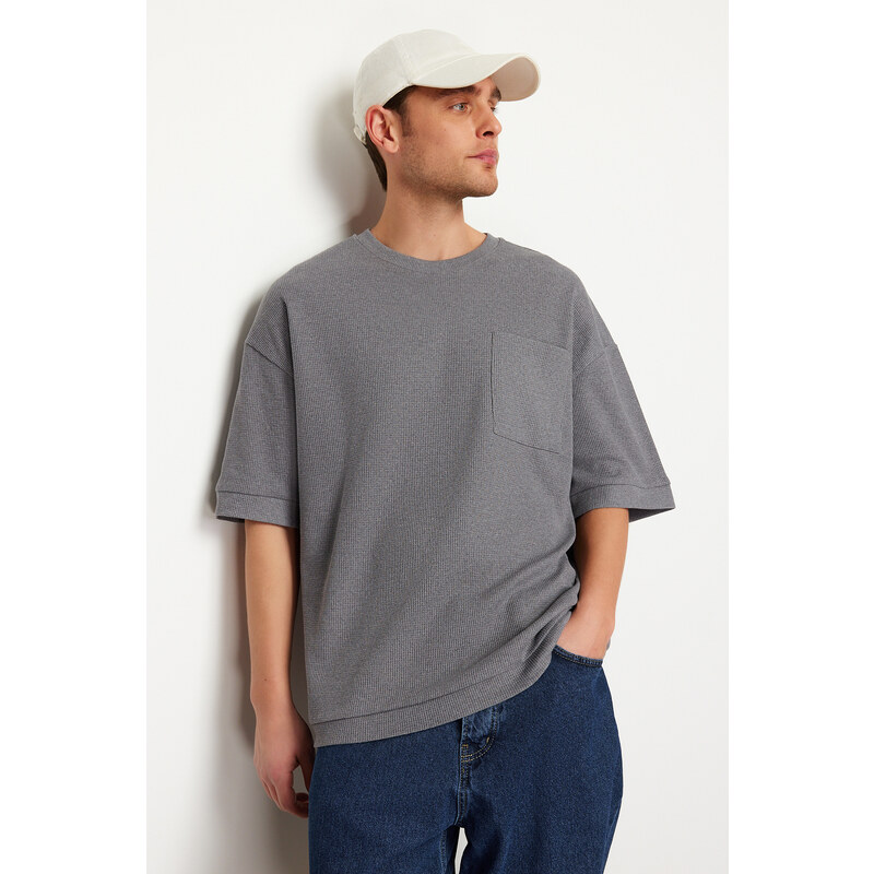 Trendyol Anthracite Oversize Pocket Textured Cotton T-Shirt