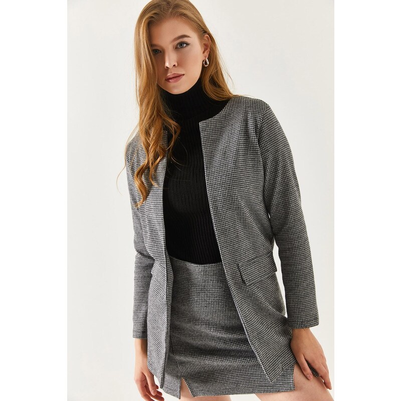 armonika Women's Gray Cuffed Gingham Jacket with Pocket Flap