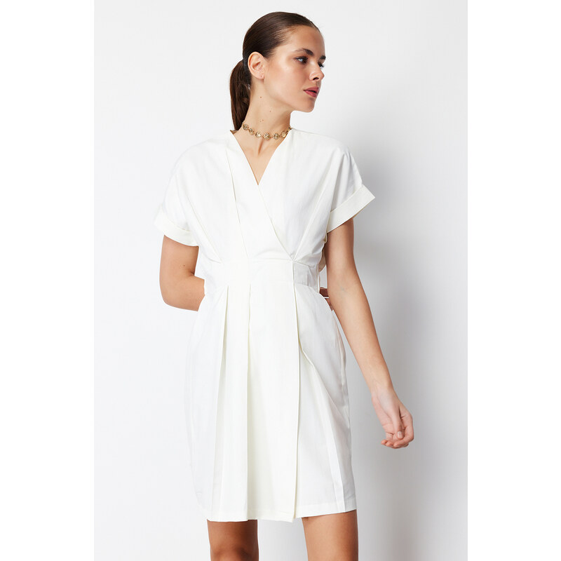 Trendyol White Double Breasted Collar A-line Mini Woven Dress with Waist Opening