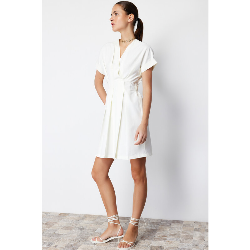 Trendyol White Double Breasted Collar A-line Mini Woven Dress with Waist Opening