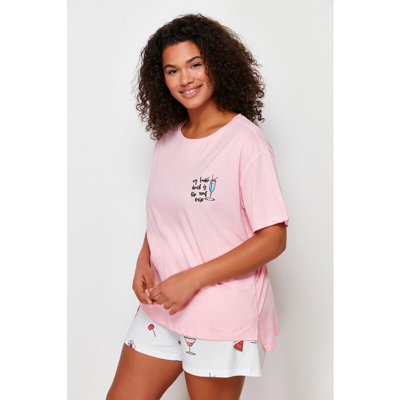 Trendyol Curve Pink Printed Knitted Pajamas Set