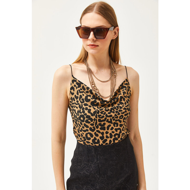 Olalook Women's Leopard Mink Detach Collar Rope Strappy Blouse