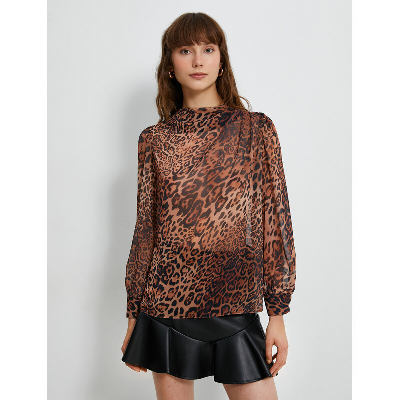 Koton Chiffon blouse Leopard Patterned Draped Collar Balloon Sleeve
