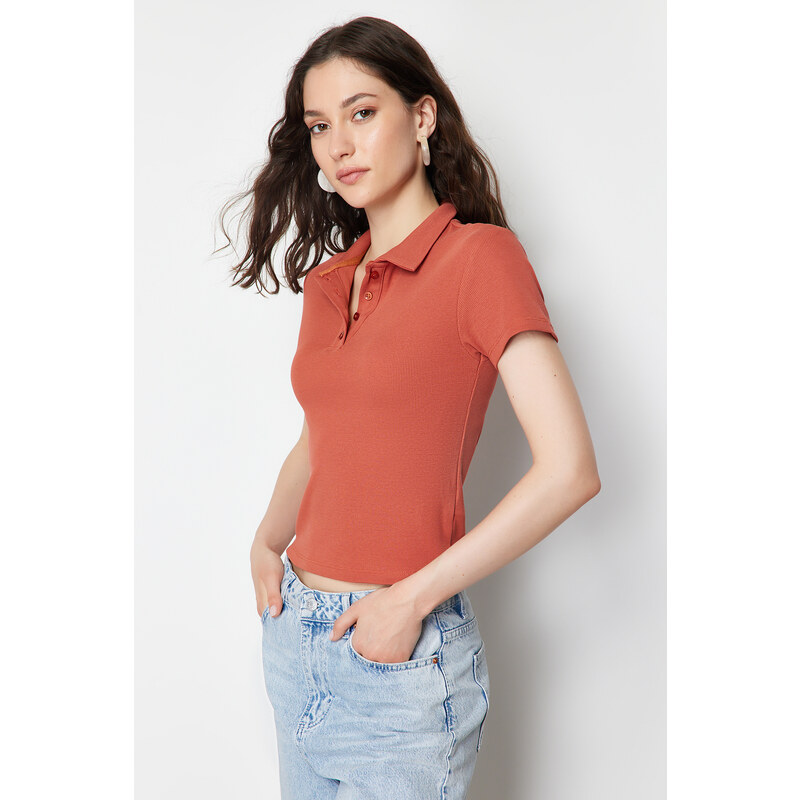 Trendyol Cinnamon Polo Collar Buttoned Short Sleeve Flexible Ribbed Knitted Blouse