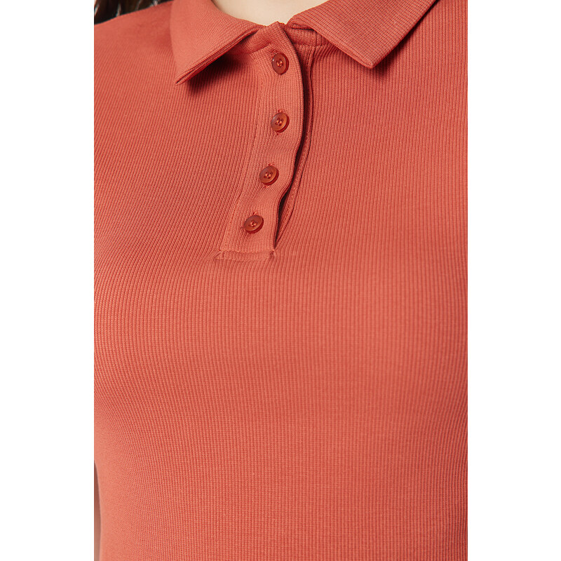 Trendyol Cinnamon Polo Collar Buttoned Short Sleeve Flexible Ribbed Knitted Blouse