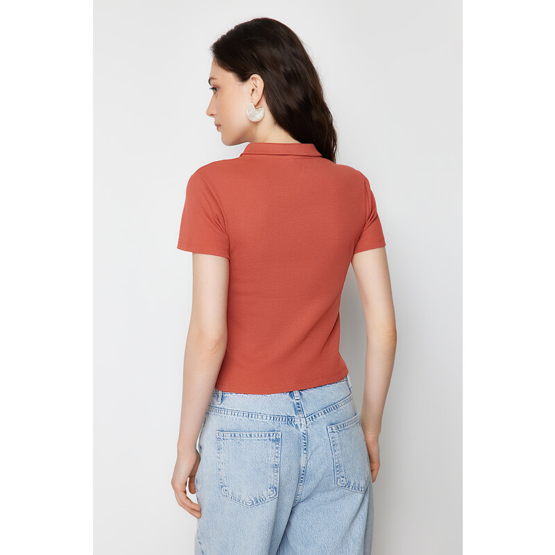 Trendyol Cinnamon Polo Collar Buttoned Short Sleeve Flexible Ribbed Knitted Blouse