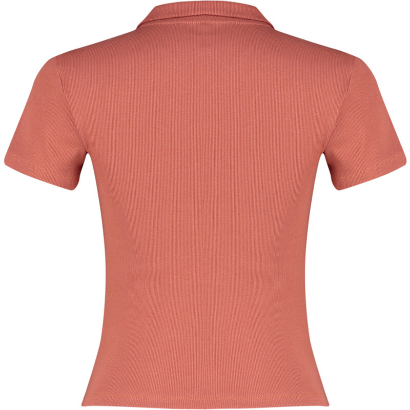 Trendyol Cinnamon Polo Collar Buttoned Short Sleeve Flexible Ribbed Knitted Blouse