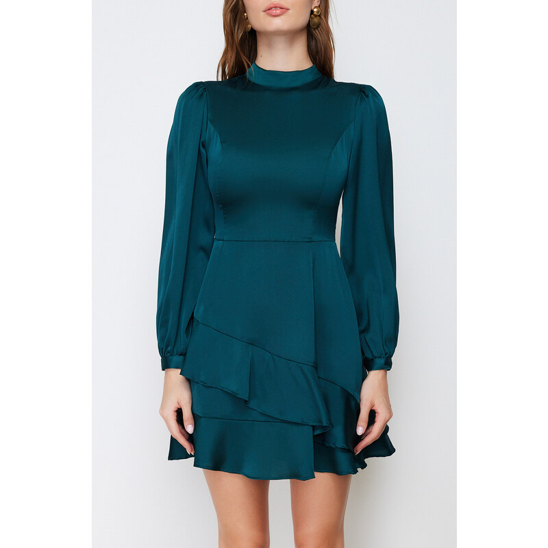 Trendyol Emerald A-line Green Skirt Flounce Satin Woven Dress