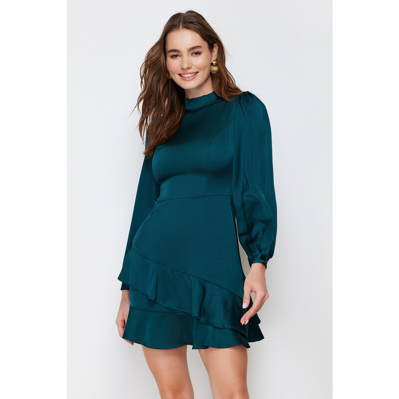 Trendyol Emerald A-line Green Skirt Flounce Satin Woven Dress