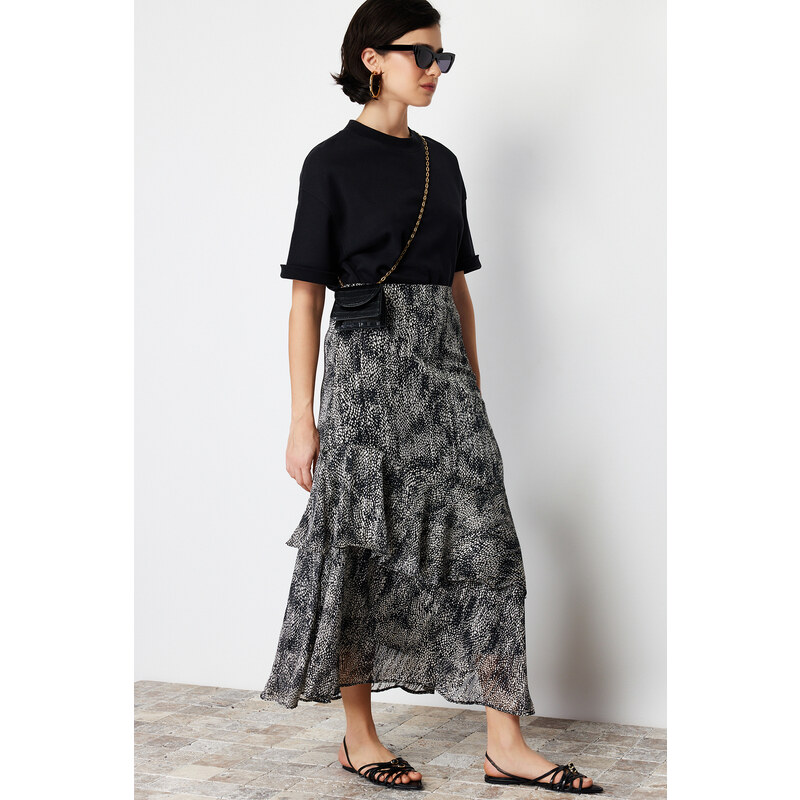 Trendyol Black Animal Patterned Lined Woven Skirt