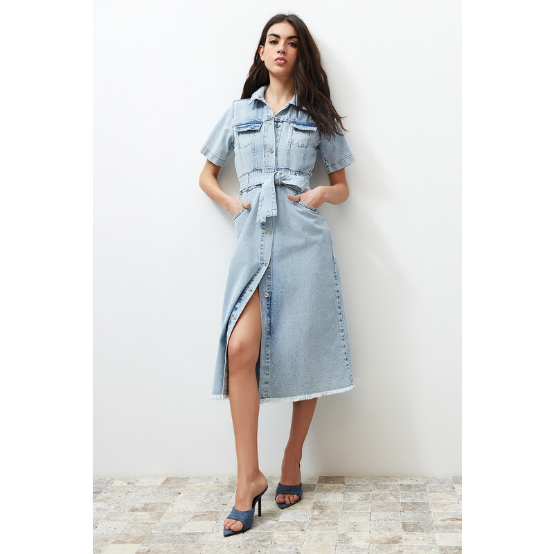 Trendyol Blue Belt Maxi Denim Dress