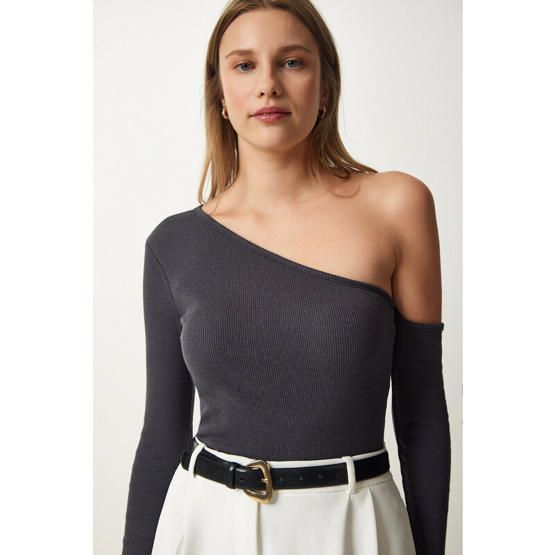 Happiness İstanbul Women's Anthracite Open Shoulder Corded Knitted Blouse