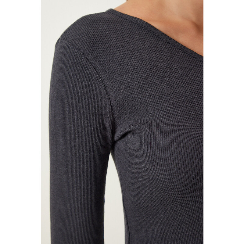 Happiness İstanbul Women's Anthracite Open Shoulder Corded Knitted Blouse