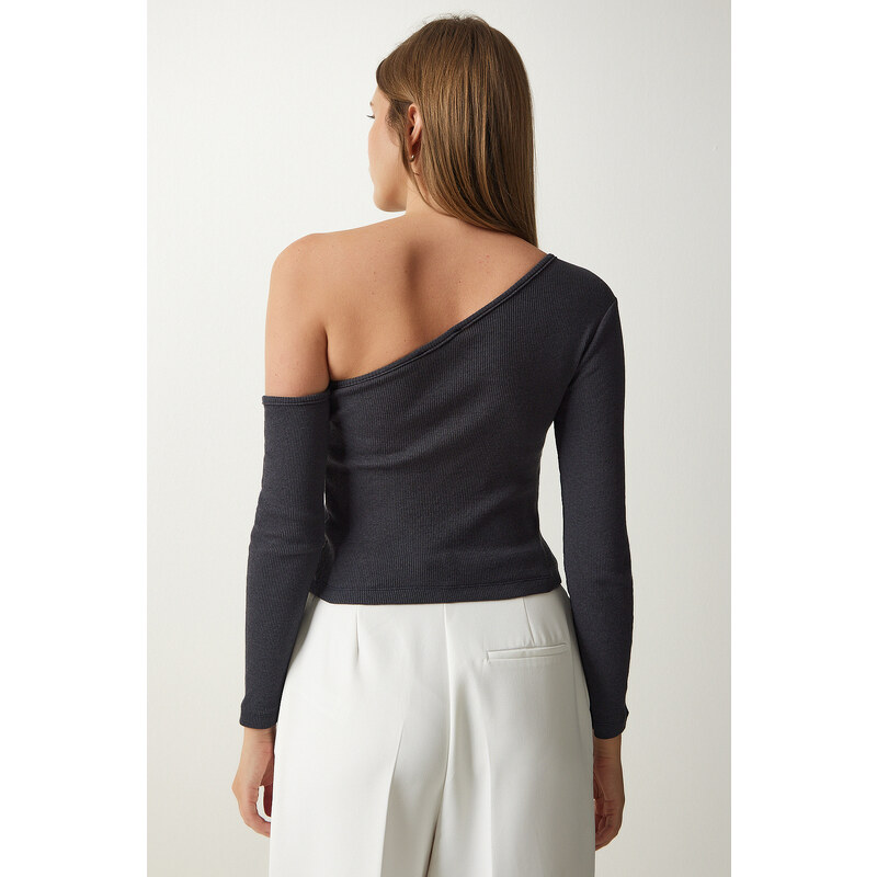 Happiness İstanbul Women's Anthracite Open Shoulder Corded Knitted Blouse