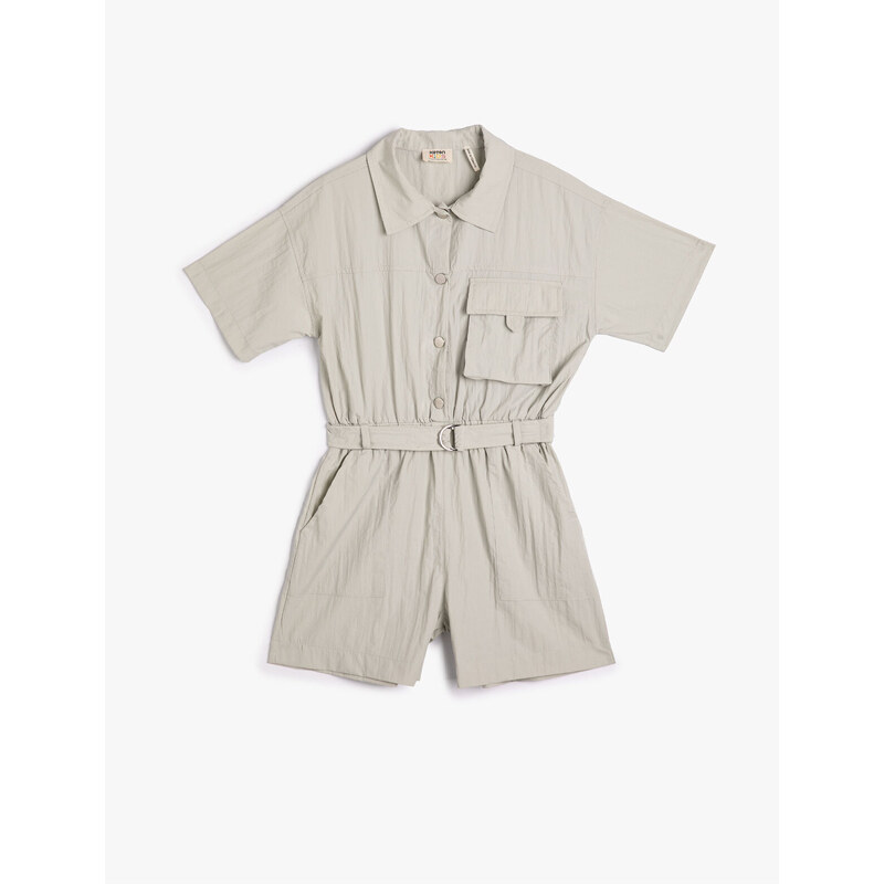 Koton Jumpsuit with Short Sleeves, Shirt Collar with Belt, Pockets and Snaps with Snap Buttons.