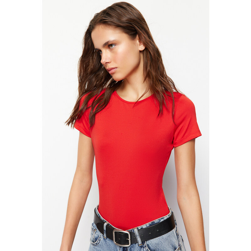 Trendyol Red Short Sleeve Elastic Snap Knitted Bodysuit