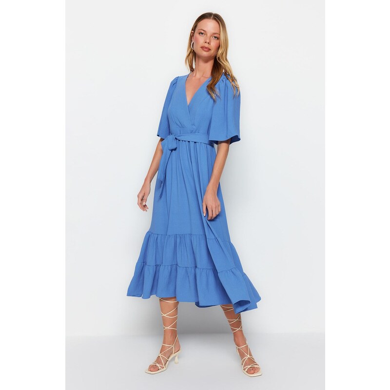 Trendyol Indigo Belted Woven Double Breasted Neck Back Detail Midi Woven Dress