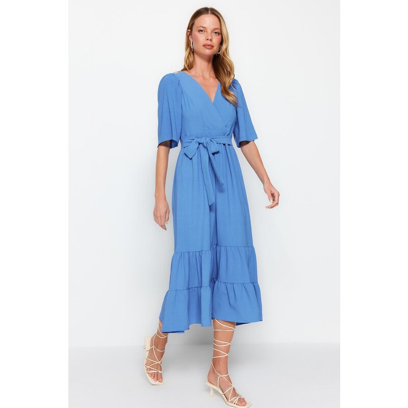 Trendyol Indigo Belted Woven Double Breasted Neck Back Detail Midi Woven Dress